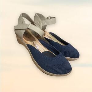 Jax & Bard Mesh Leather Navy Cream Wooden Clogs Women's Size 9.5-10